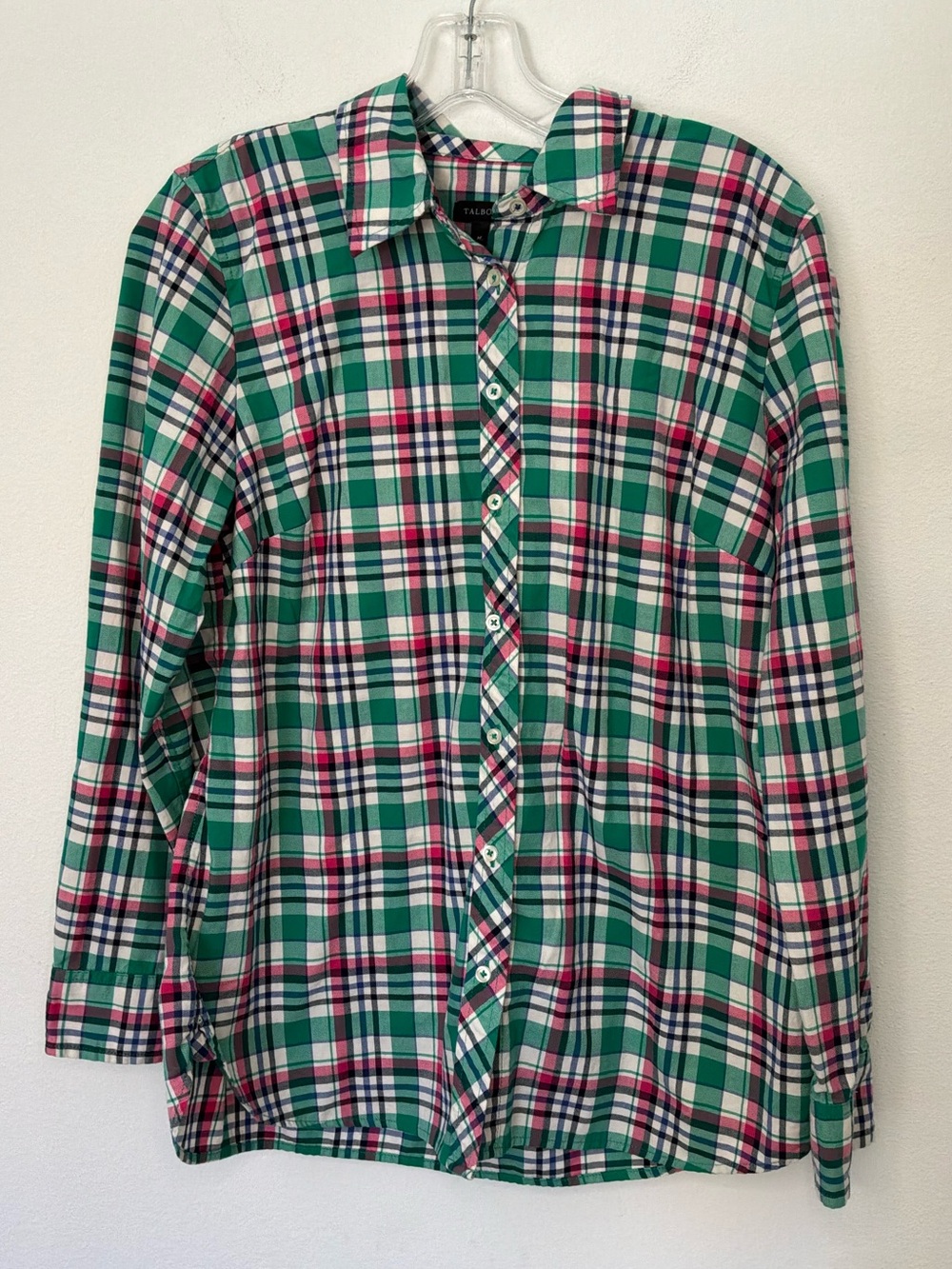 Talbots Plaid Button Front Shirt Green Pink Cotton Long Sleeve Women’s Medium